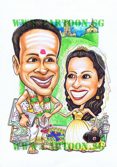 Wedding Gift Caricature For Mix Wedding Of A Catholic And A Hindu